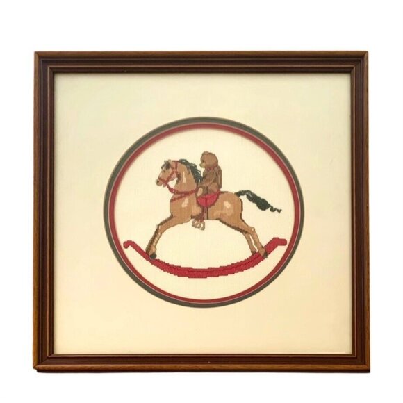 Teddy Bear on Rocking Horse Cross Stitch Vintage Art Framed Art Room Decor